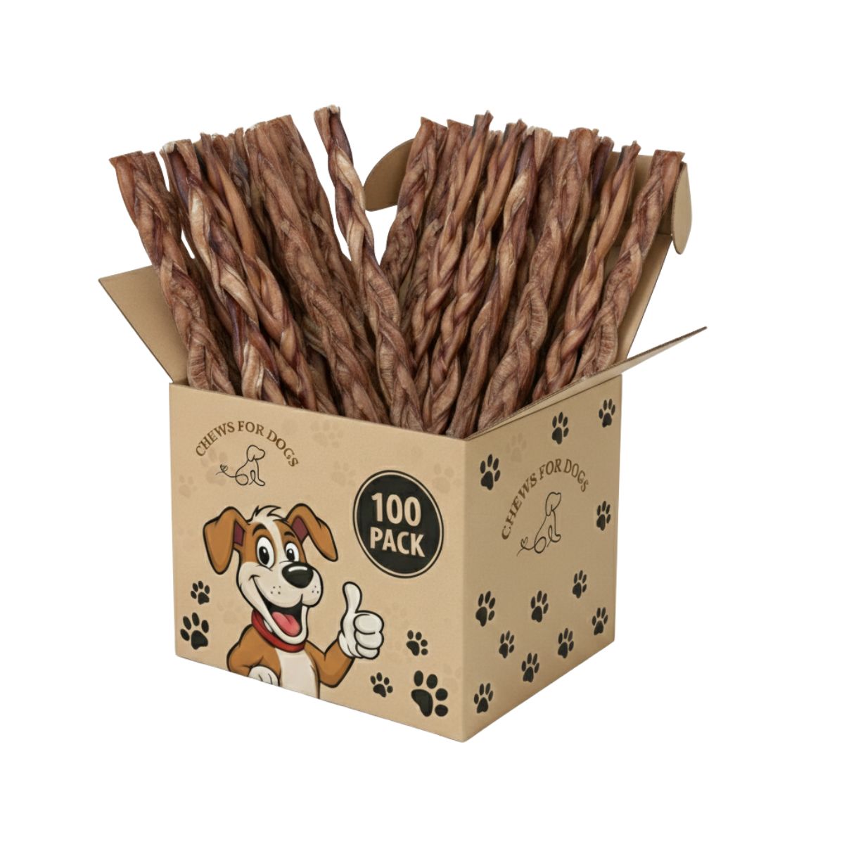 Box of dog chew sticks with a cartoon dog on the packaging
