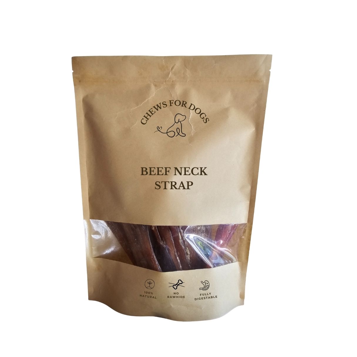 Kraft paper packaging of 'Chews for Dogs' beef neck strap on a white background