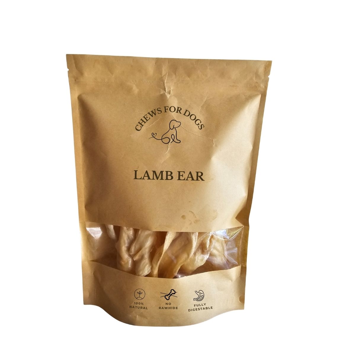 Kraft paper bag of 'Chews for Dogs' Lamb Ear treats on a white background